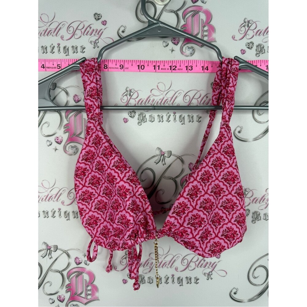 Bikini top charm Pink Floral Print Triangle Bralette with Gold Accent